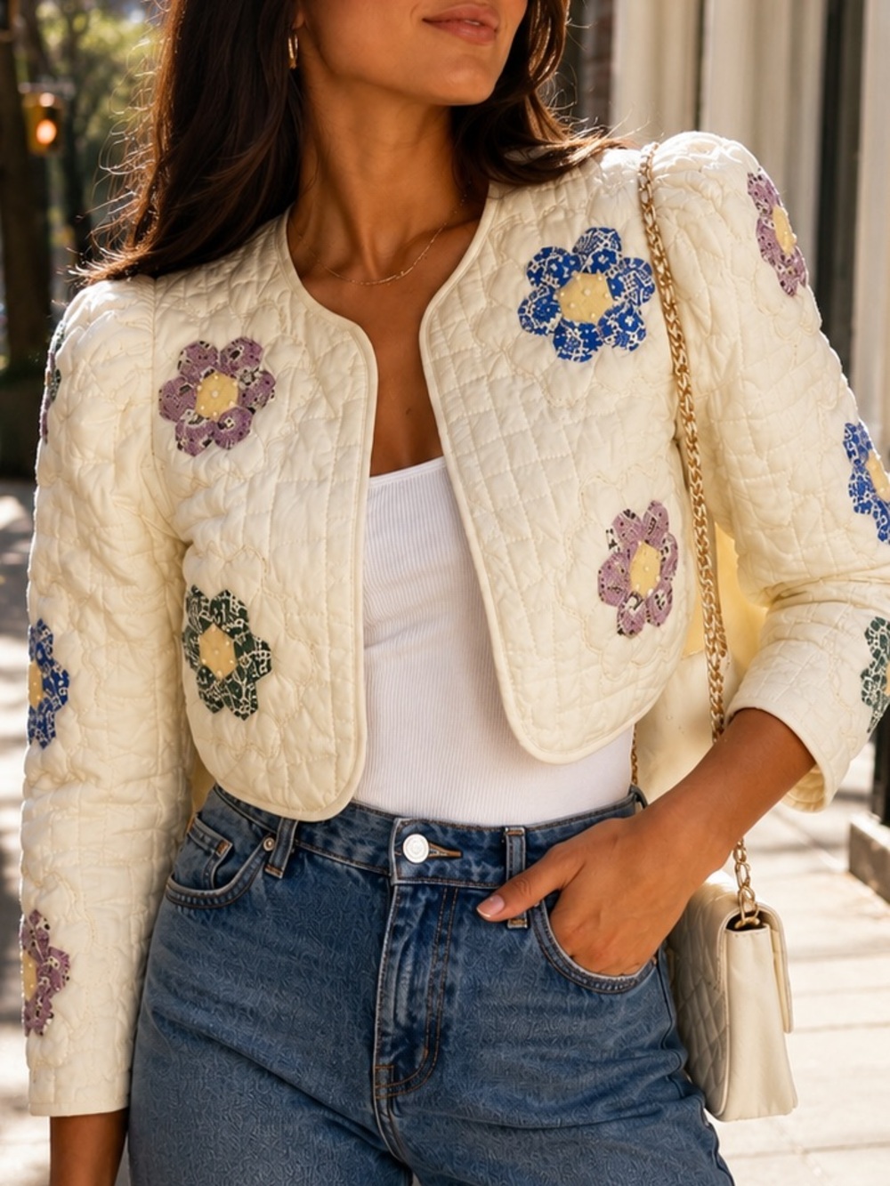 Sea New York Quilted Floral Patchwork Appliqué Cropped Jacket Size XS VGUC
